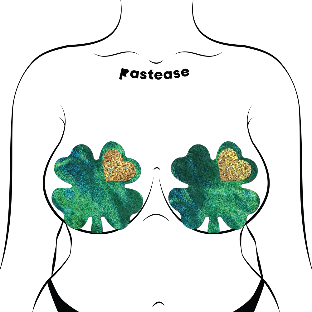 Coverage: Clover Green Holographic with Glitter Gold Heart Breast Coverings by Pastease