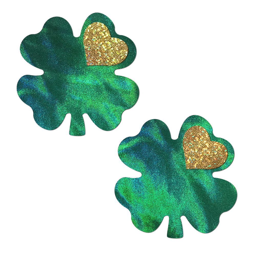 Coverage: Clover Green Holographic with Glitter Gold Heart Breast Coverings by Pastease