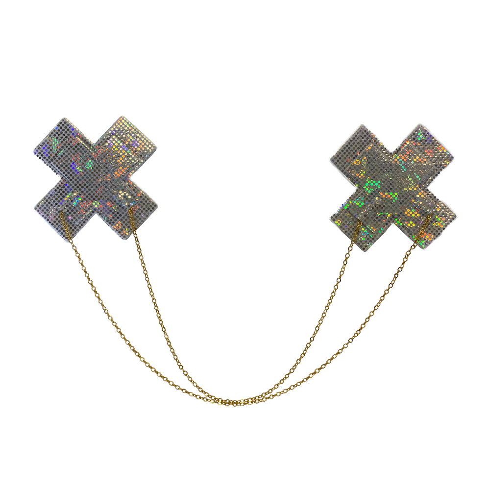 Chains: Shattered Glass Disco Ball Glitter White Cross with Gold Chain Nipple Pasties by Pastease®