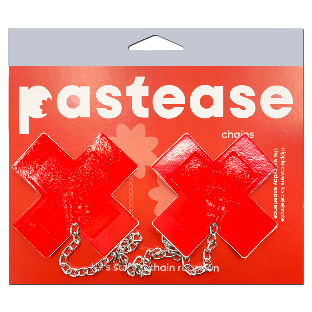 Chains: Patent Leather Fetish Red Plus X Cross with Chunky Silver Chain Nipple Pasties by Pastease®