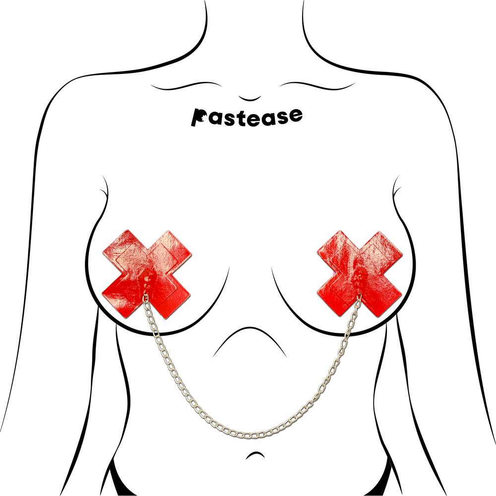 Chains: Patent Leather Fetish Red Plus X Cross with Chunky Silver Chain Nipple Pasties by Pastease®