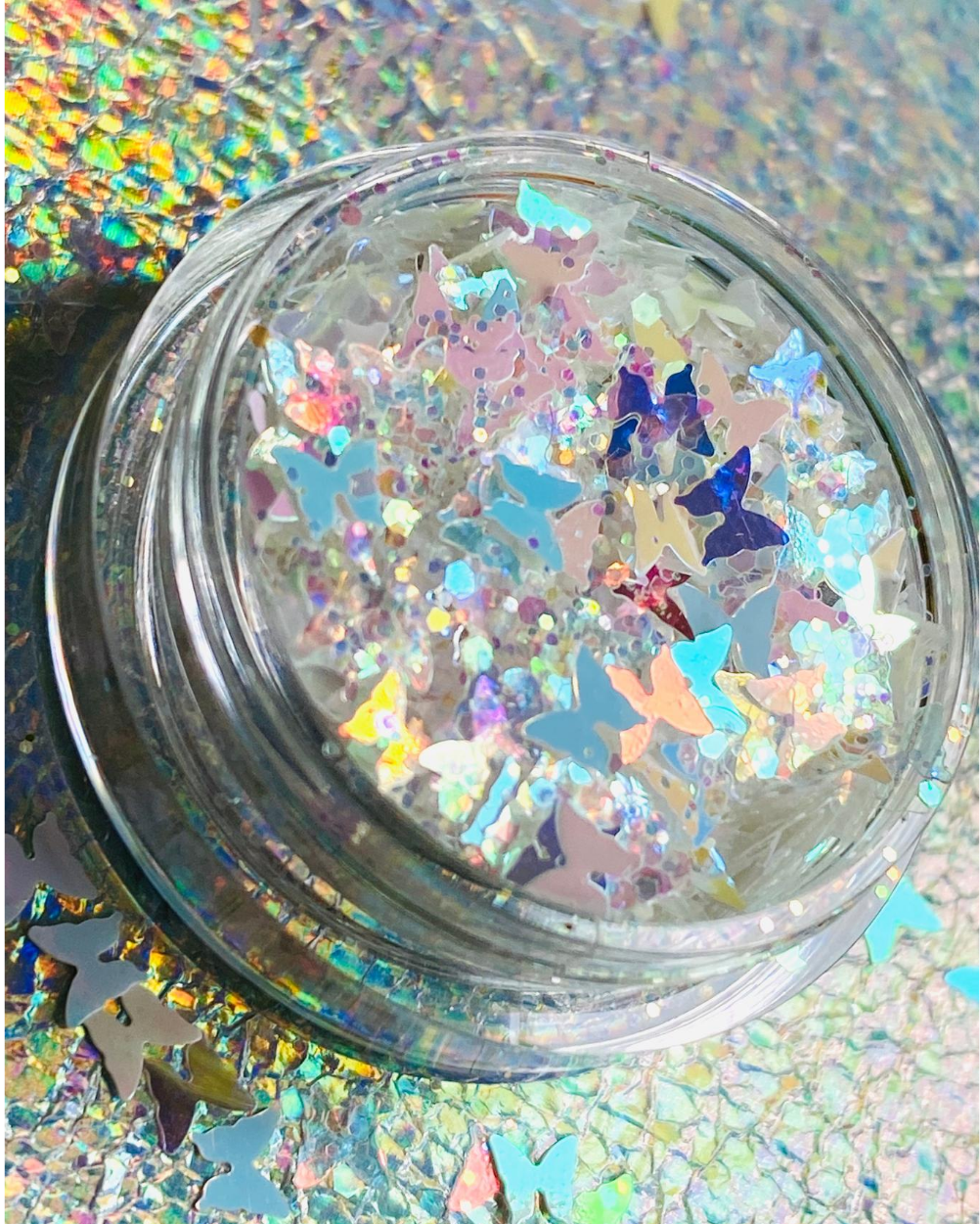 Dolly - White Iridescent Chunky Glitter with Butterflies