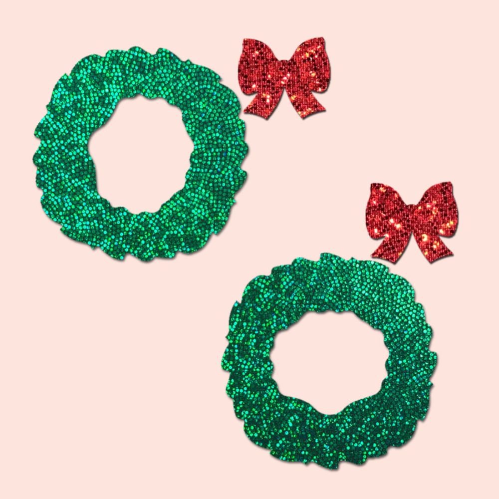 Peek-a-Boob: Green Glitter Wreath with Red Glitter Bow Nipple Pasties by Pastease®