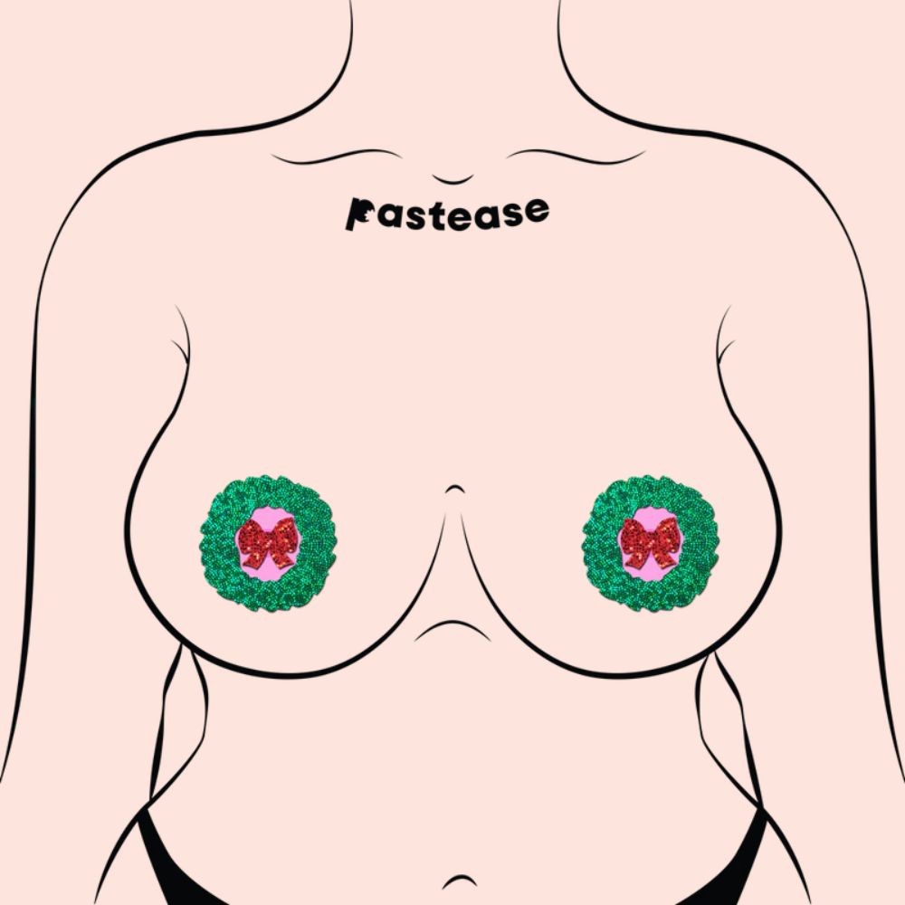 Peek-a-Boob: Green Glitter Wreath with Red Glitter Bow Nipple Pasties by Pastease®