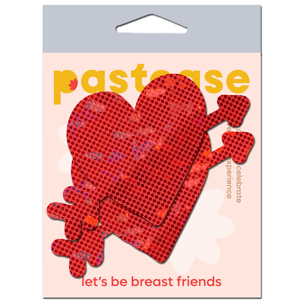 Cupid's Arrow Red Heart Breast Pasties in Sparkly Disco Red by Pastease®