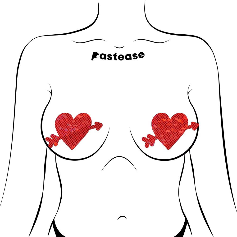 Cupid's Arrow Red Heart Breast Pasties in Sparkly Disco Red by Pastease®