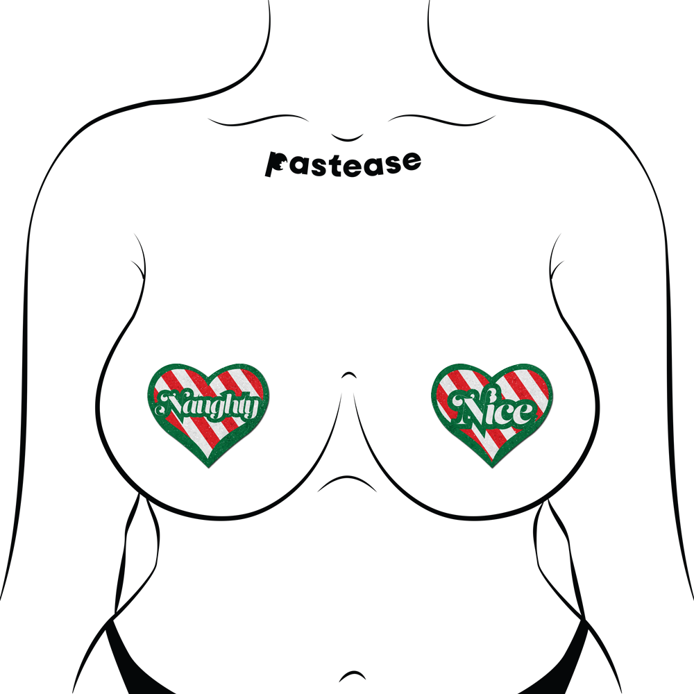 Love: Green, Red and White Velvet Naughty and Nice Heart Nipple Pasties by Pastease®