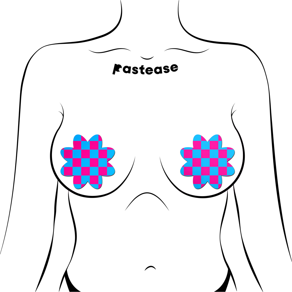 Neon Checkered Pink & Blue Petal Breast Pasties by Pastease®