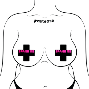 Plus X: 'Spank Me' Black Cross on Neon Pink Base Nipple Pasties by Pastease® o/s