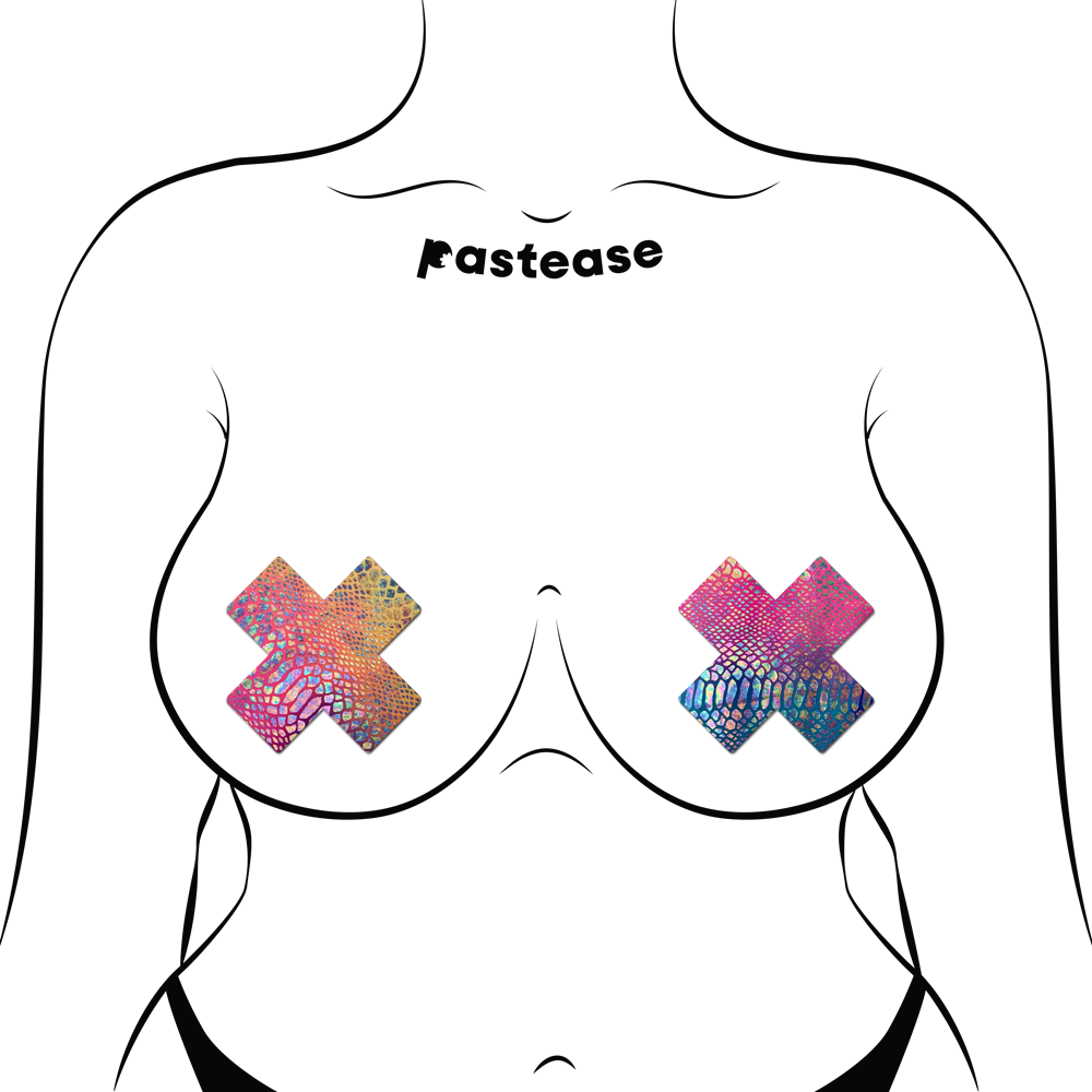 Plus X: Neon Rainbow Tie Dye Snake Print Cross Nipple Pasties by Pastease® o/s