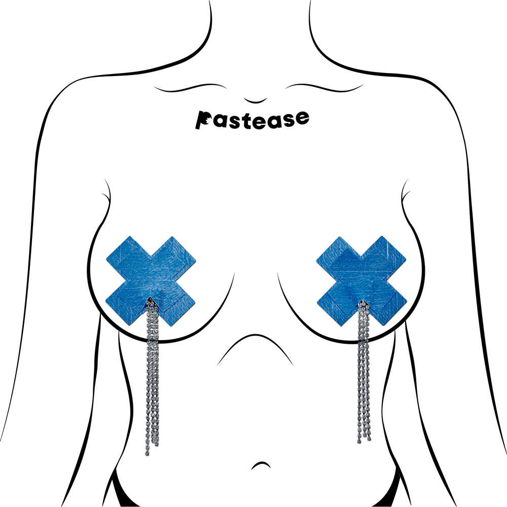 Tassel Pasties: Denim Plus X Pastease with Long Rhinestone Tassel Nipple Pasties by Pastease®