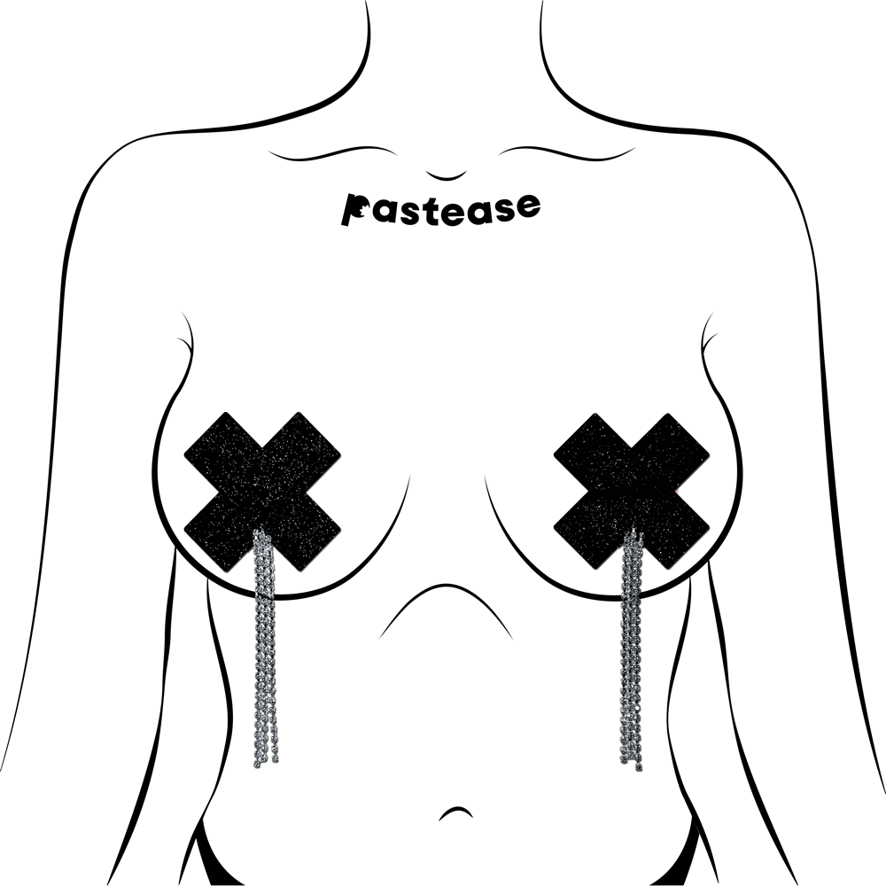 Tassel Pasties: Black Sparkle Plus X Pastease with Long Rhinestone Tassel Nipple Pasties by Pastease®