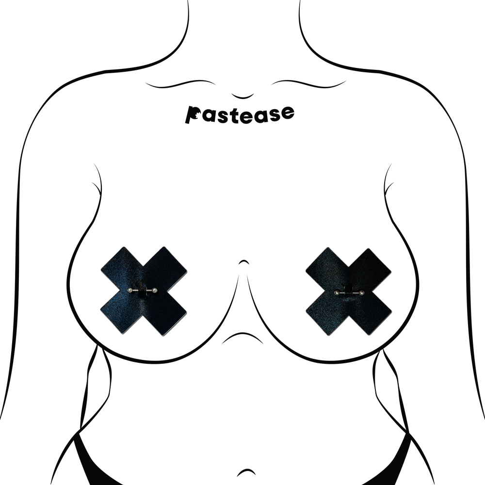 Pierced Pasties: Liquid Black Cross Plus X with Barbell Piercing Nipple Covers by Pastease®