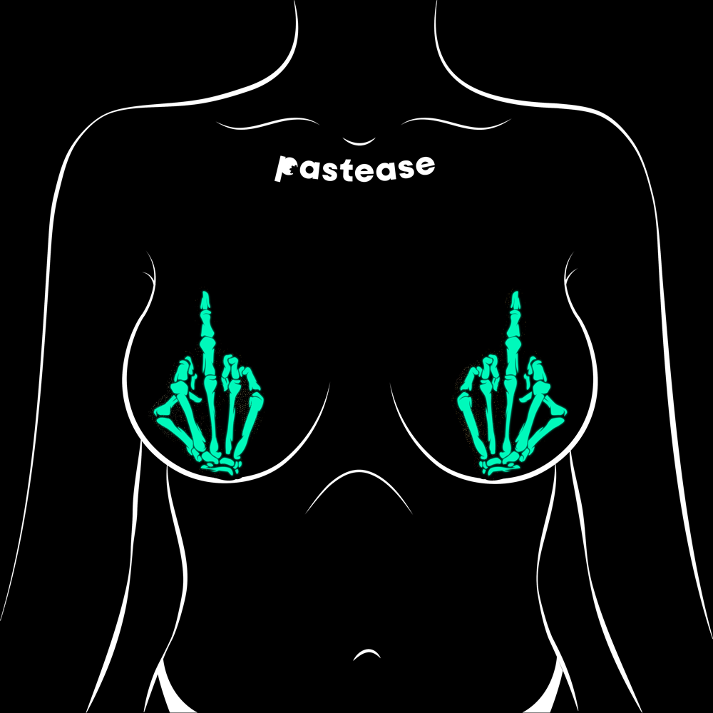 Middle Finger Skeleton Hand Pasties Glow in the Dark White & Black Boney Hand Nipple Covers by Pastease®