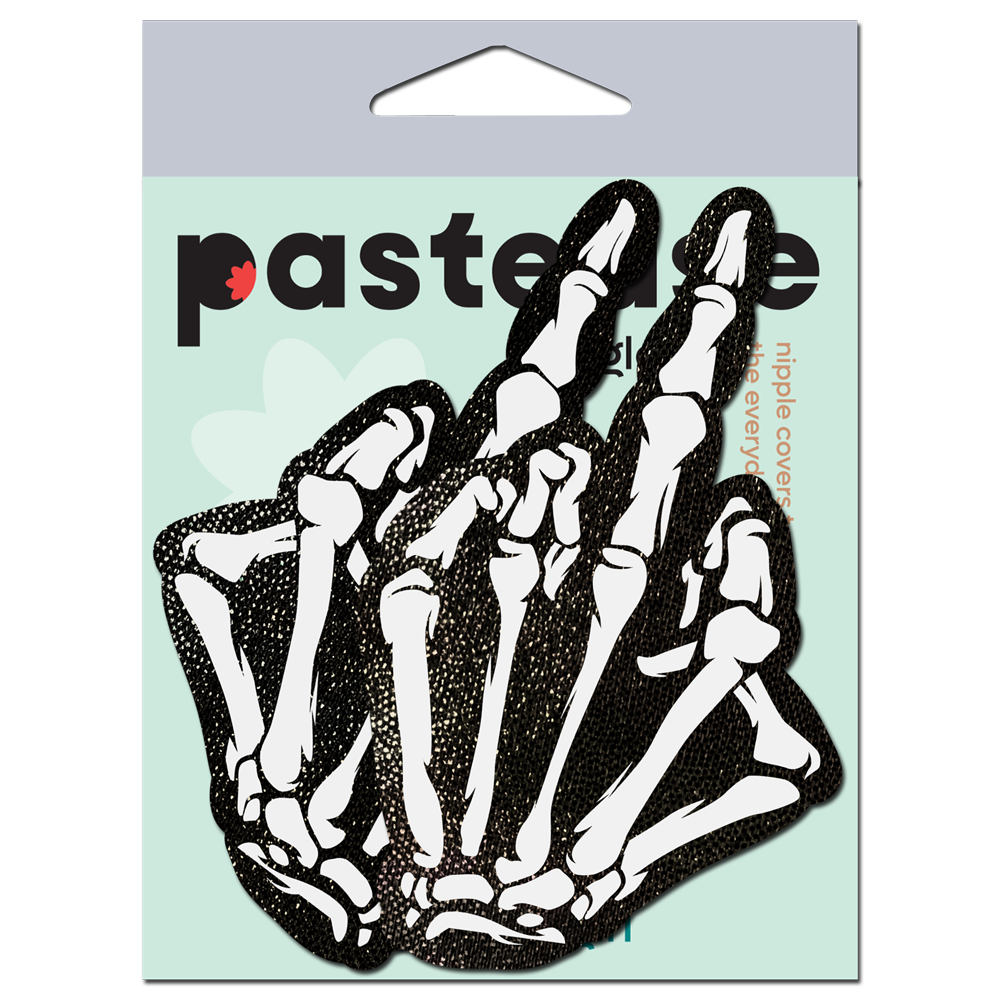 Middle Finger Skeleton Hand Pasties Glow in the Dark White & Black Boney Hand Nipple Covers by Pastease®