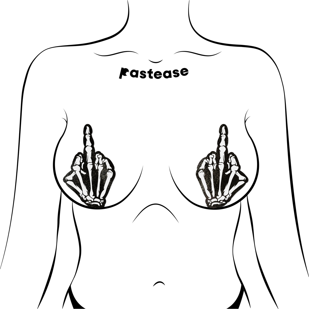 Middle Finger Skeleton Hand Pasties Glow in the Dark White & Black Boney Hand Nipple Covers by Pastease®