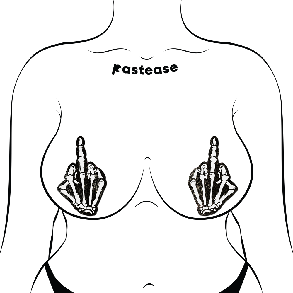 Middle Finger Skeleton Hand Pasties Glow in the Dark White & Black Boney Hand Nipple Covers by Pastease®