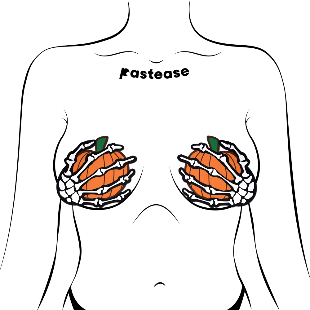 White Boney Skeleton Hands Holding Orange Halloween Pumpkins Breast Pasties by Pastease®
