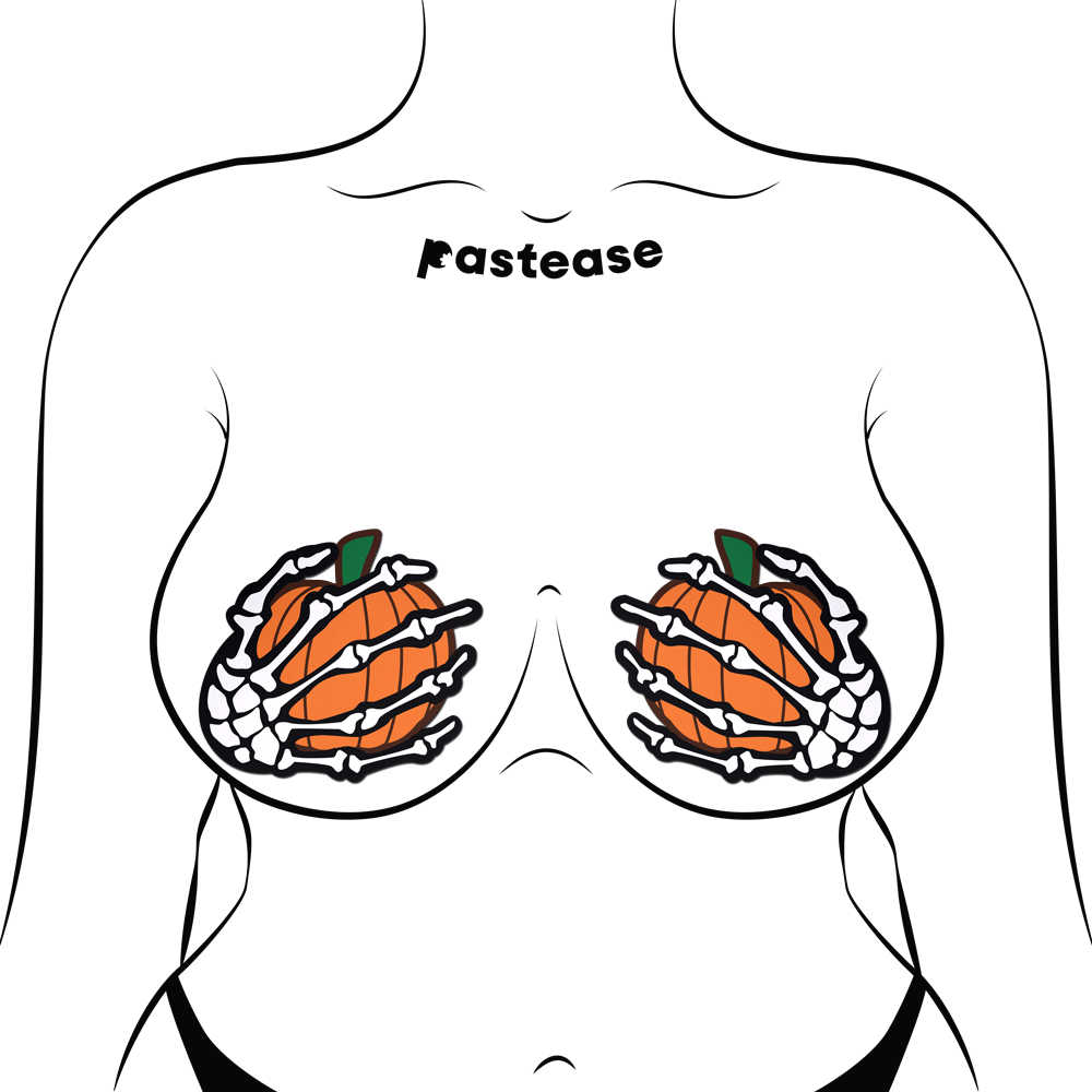 White Boney Skeleton Hands Holding Orange Halloween Pumpkins Breast Pasties by Pastease®