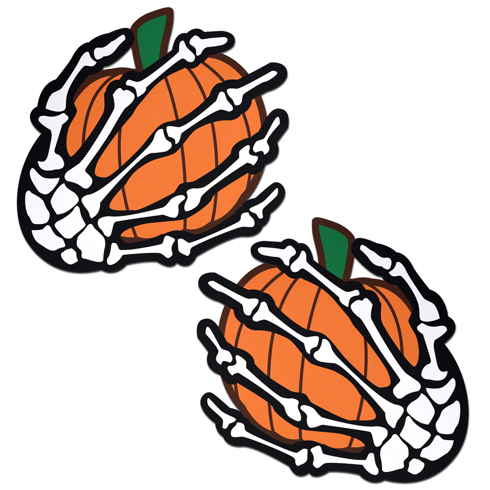 White Boney Skeleton Hands Holding Orange Halloween Pumpkins Breast Pasties by Pastease®