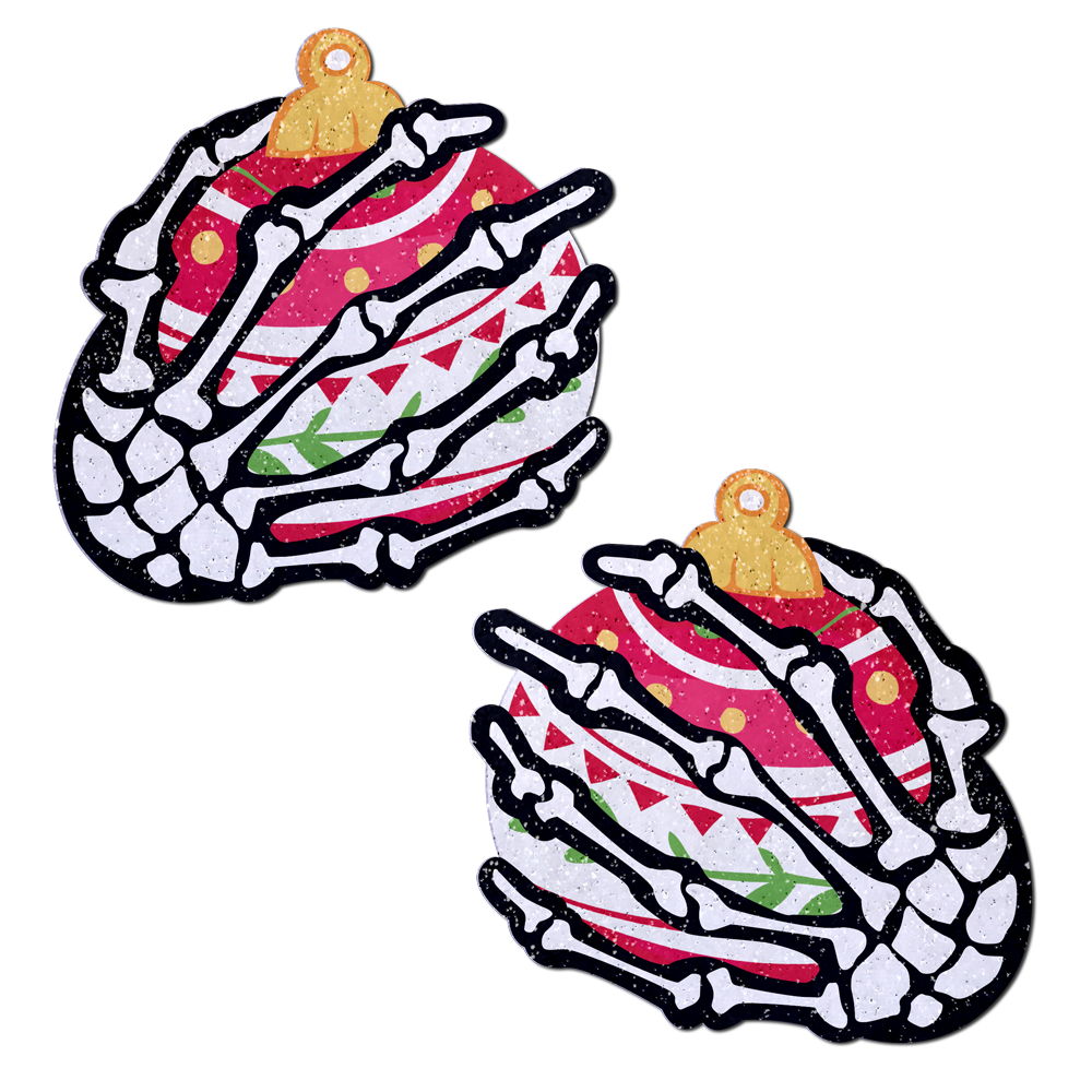 White Boney Skeleton Hands Holding Christmas Holiday Ornament Breast Pasties by Pastease®