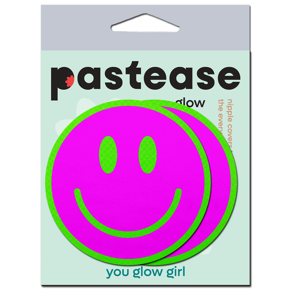 Neon Green Glow-in-the-Dark Pink Smiley Face Breast Pasties by Pastease®