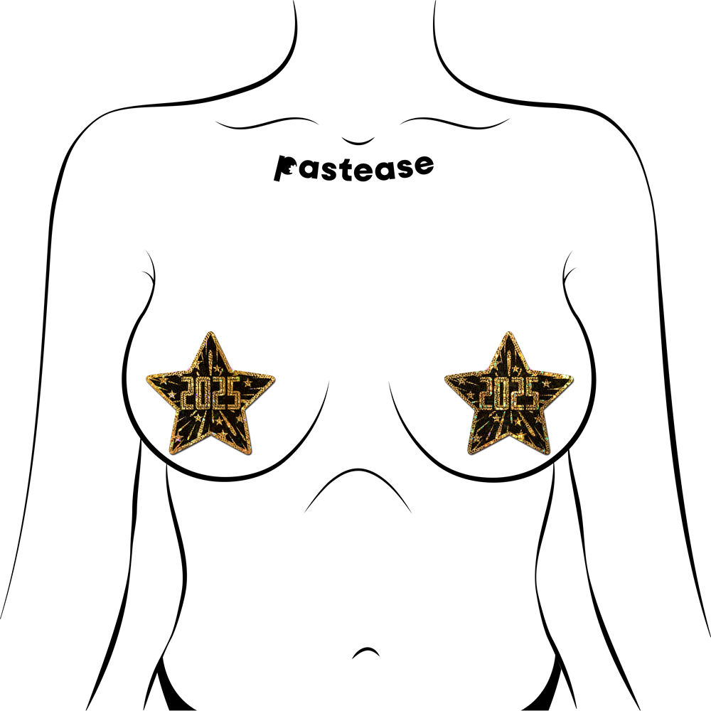 Happy New Year Pasties 2025 Black & Gold Star Nipple Covers by Pastease