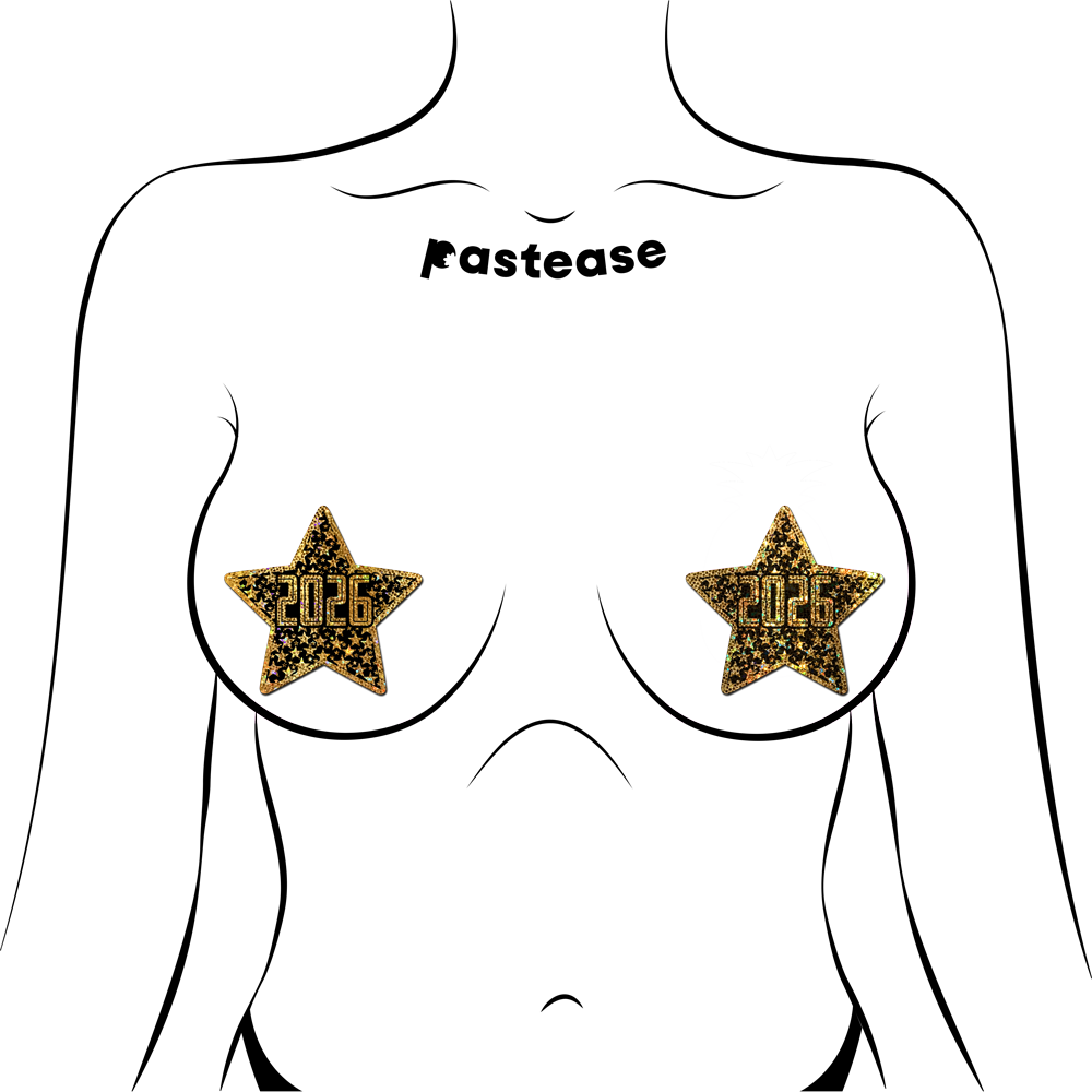 Happy New Year Pasties 2026 Black & Gold Star Nipple Covers by Pastease®