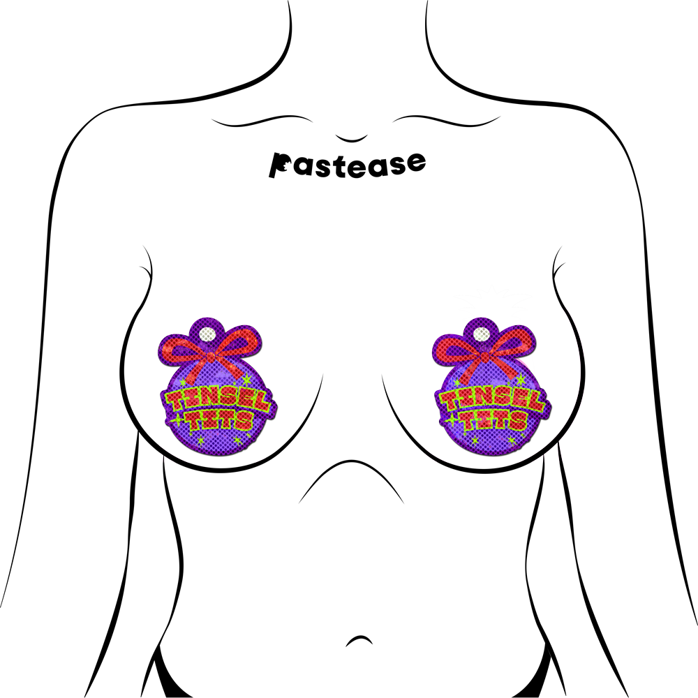 Tinsel Tits Holiday Ornament on Disco Glitter Purple Breast Pasties by Pastease®