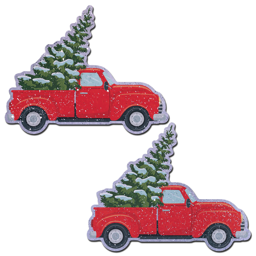 Christmas Winter Pasties Little Red Truck with Christmas Tree on Glittery Velvet Nipple Covers by Pastease®