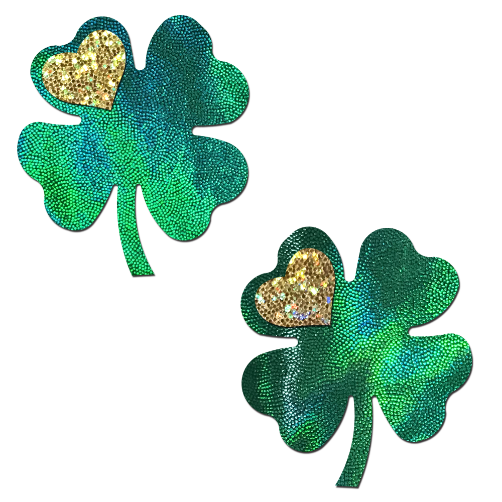 Four Leaf Clover: Holographic Green Shamrocks with Hearts o' Gold Nipple Pasties by Pastease®