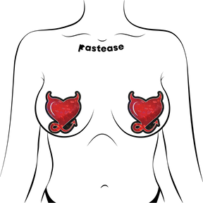 Devil Heart: Red Glittering Hearts with Horns & Tail Nipple Pasties by Pastease®