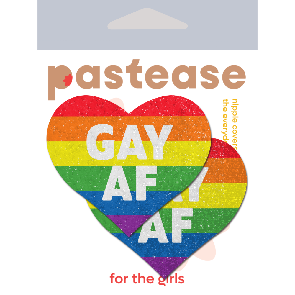 Love: Rainbow 'GAY AF' on Glitter Velvet Heart Nipple Pasties by Pastease® o/s