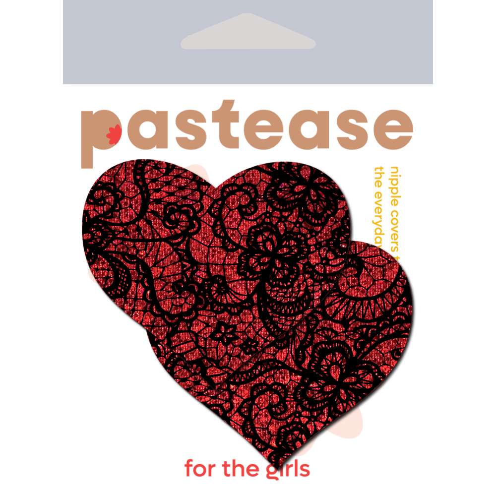 Red Glitter Heart with Black Lace overlay Nipple Pasties by Pastease®