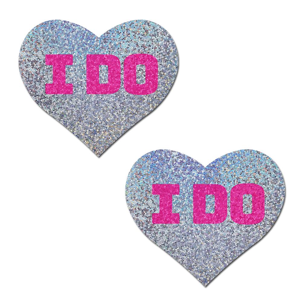 Love: Bridal Silver Glitter Hearts with Pink "I Do" Nipple Pasties by Pastease® o/s