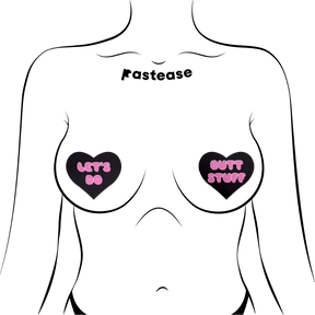 Love: 'Let's Do Butt Stuff' in Black & Pink Heart Nipple Pasties by Pastease®