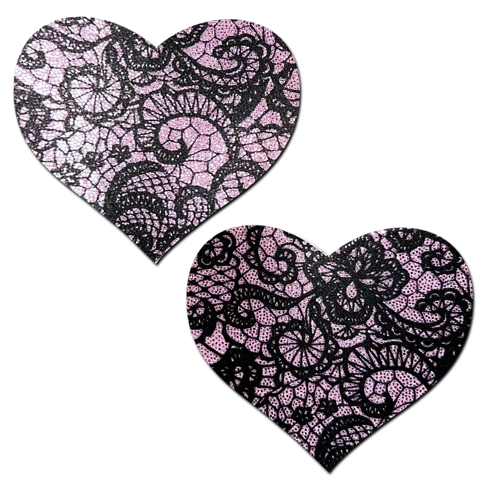 Love: Liquid Baby Pink with Black Lace Heart Nipple Pasties by Pastease® o/s