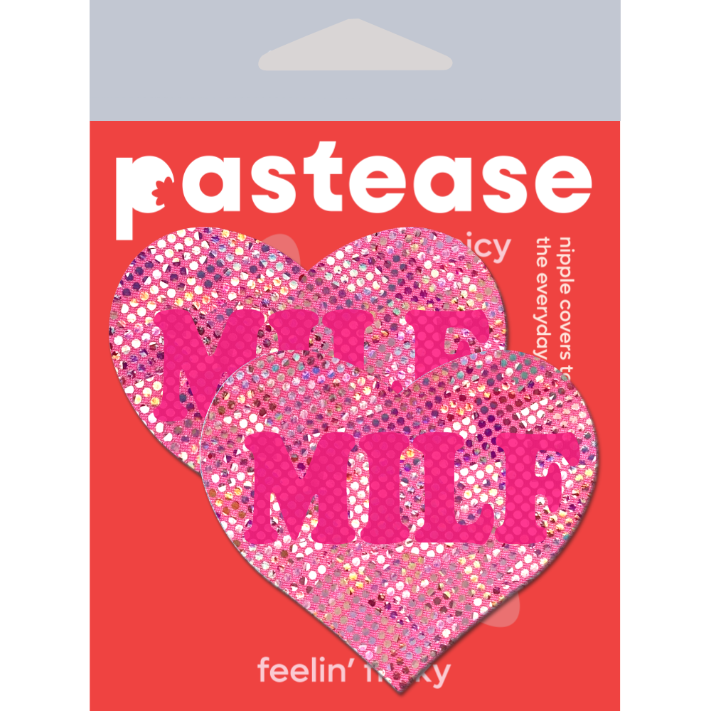Love: 'MILF' on Disco Pink Heart Nipple Pasties by Pastease® o/s