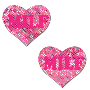 Love: 'MILF' on Disco Pink Heart Nipple Pasties by Pastease® o/s