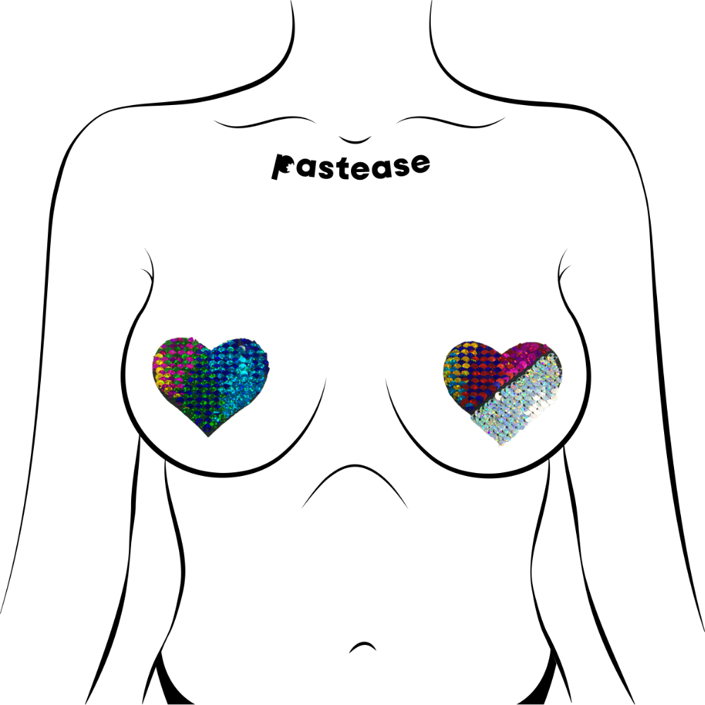 Love: Rainbow & Silver Glitter Color Changing Sequin Heart Nipple Pasties by Pastease®