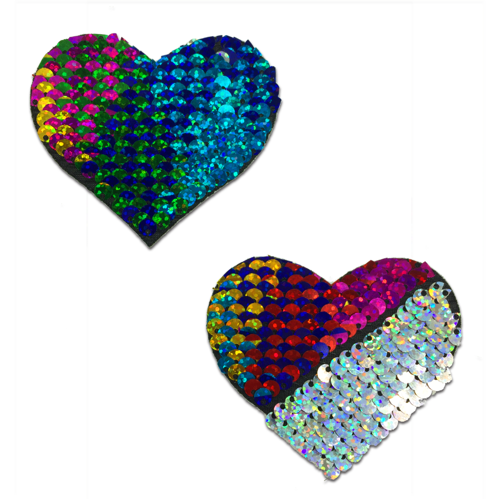 Love: Rainbow & Silver Glitter Color Changing Sequin Heart Nipple Pasties by Pastease®