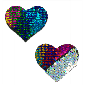 Love: Rainbow & Silver Glitter Color Changing Sequin Heart Nipple Pasties by Pastease®