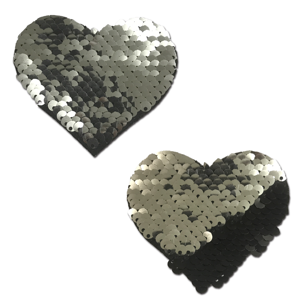 Love: Silver & Black Color Changing Sequin Heart Nipple Pasties by Pastease®
