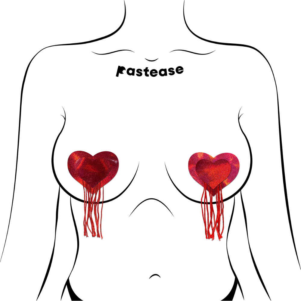 Tassels: Red Holographic Hearts with Tassel Fringe Nipple Pasties by Pastease®