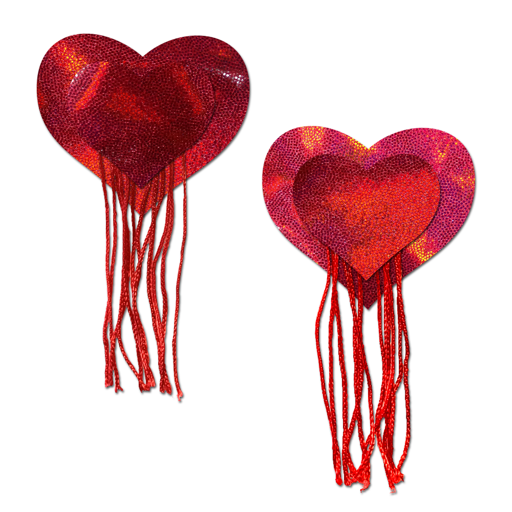 Tassels: Red Holographic Hearts with Tassel Fringe Nipple Pasties by Pastease®