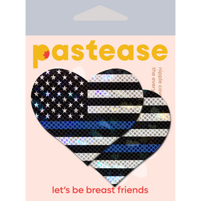 Love: Thin Blue Line American Flag Flashy Heart Nipple Pasties by Pastease