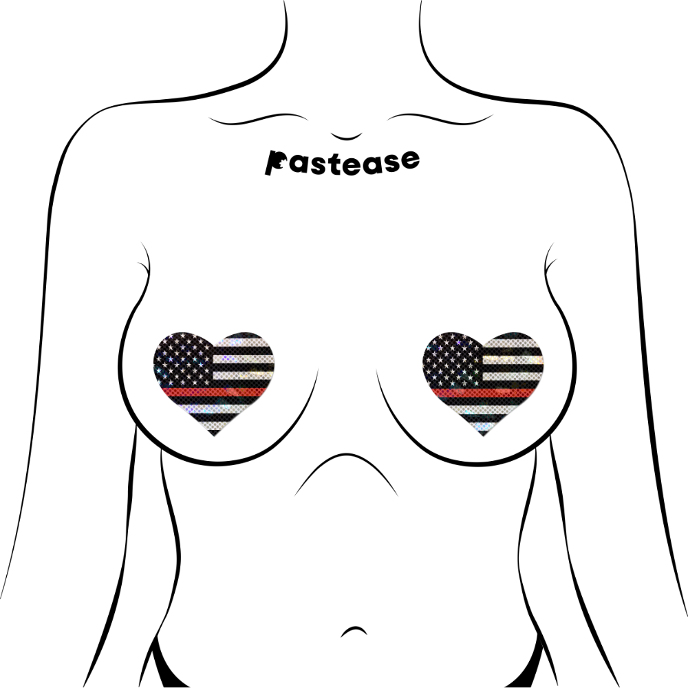 Love: Thin Red Line American Flag Flashy Heart Nipple Pasties by Pastease