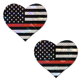 Love: Thin Red Line American Flag Flashy Heart Nipple Pasties by Pastease