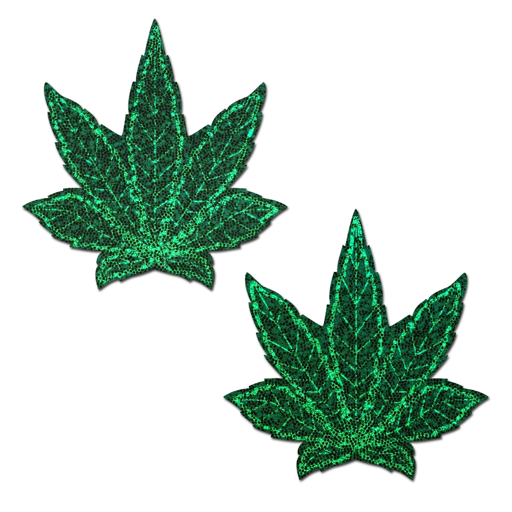Indica Pot Leaf: Glitter Green Weed Nipple Pasties by Pastease®