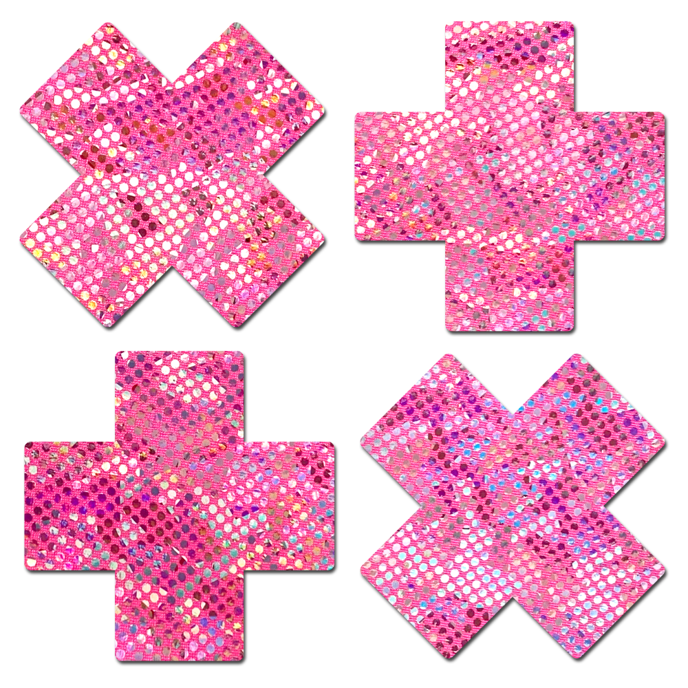 Petite Plus X: Two Pair of Small Shattered Glass Disco Ball Glitter Pink Cross Nipple Pasties by Pastease® o/s